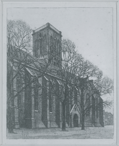 863720 Gezicht op de zuidgevel van de Jacobikerk (Jacobskerkhof) in Wijk C te Utrecht.